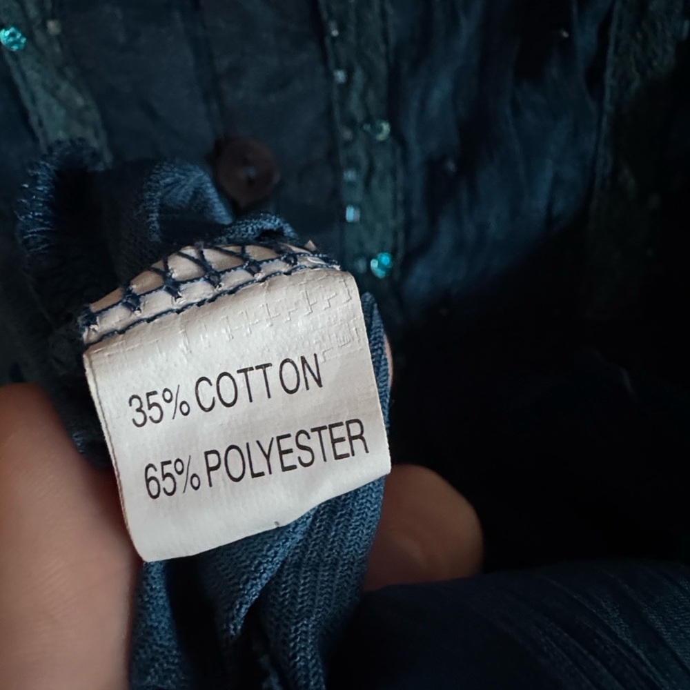 L Fashion Dark Teal-Blue Semi-Sheer Crinkled Peasant Blouse Fairy-Core Boho Top - Picture 6 of 6